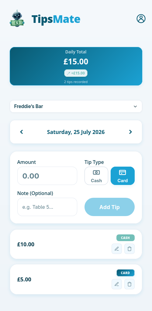 TipsMate daily tip logging screen